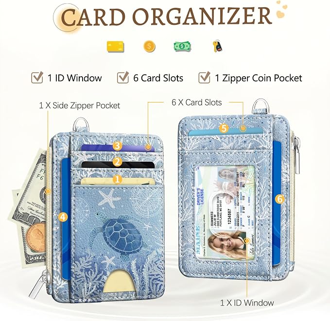 Kelvoris Credit Card Holder Small Wallet Women, Slim RFID, Sea Turtle | Keychain, Zipper Coin Pocket, Front Pocket Thin Travel Card Case, Minimalist, 6 Card Slots, 1 ID Window, Ladies Gifts Woman