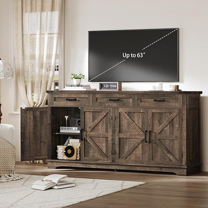 usikey Buffet Cabinet, 61” Large Sideboard Buffet Storage Cabinet with 3 Drawers, Farmhouse Coffee Bar with 4 Doors, Buffet Table for Kitchen, Living Room, Antique Oak