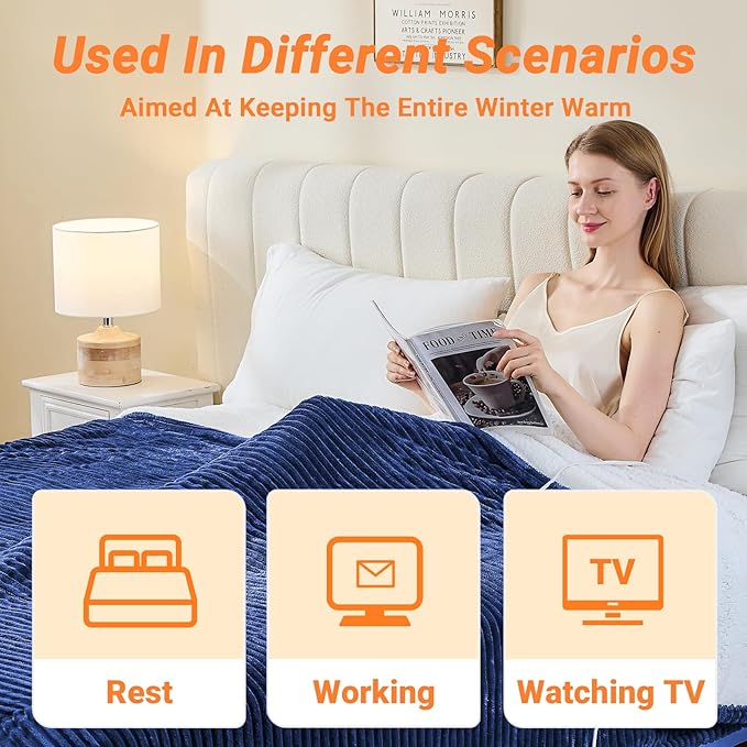 Heated Blanket Electric Queen, Soft Flannel Heating Blanket with 8 Hours Auto Off 10 Fast Heating Levels Machine Washable Sherpa Heated Blanket with Overheating Protection
