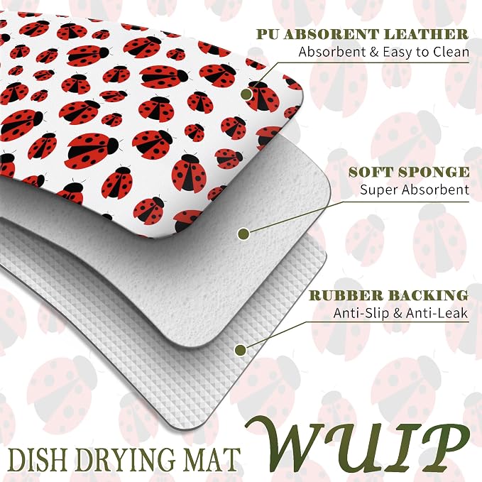 Red Ladybug Dish Drying Mats for Kitchen Counter, Ladybug Gifts for Women, Ladybird Absorbent Reversible Coffee Bar Mat Drying Pad for Kitchen Decor, 12x15 Inch