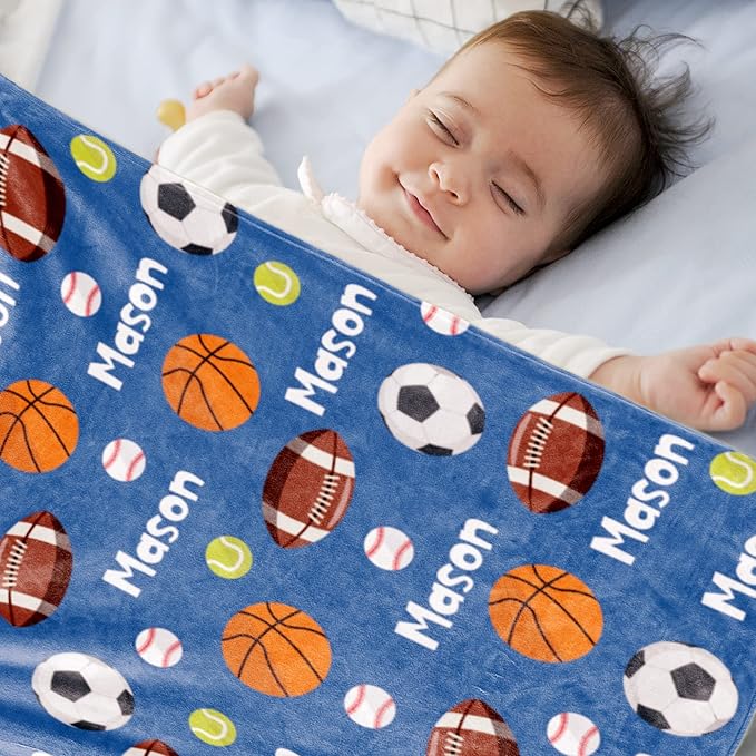 Personalized Ball Blanket with NameforBoysCustom Name BlanketforKids BallSoft Flannel Ball Toddler Blanket CustomizedGiftforBirthday Christmas Baby Shower Newborn Gift 60in X 80in 6-balls-blue