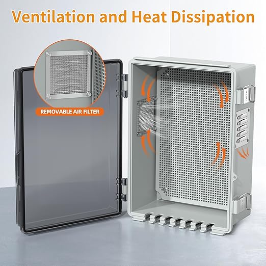 Joinfworld Outdoor Electrical Box, Waterproof Electrical Box WiFi Enclosure 11.8x6.7x5.6 Vented Electric Box Plastic Clear with Mounting Panel Cable Grommet Stainless Steel Dust Screen
