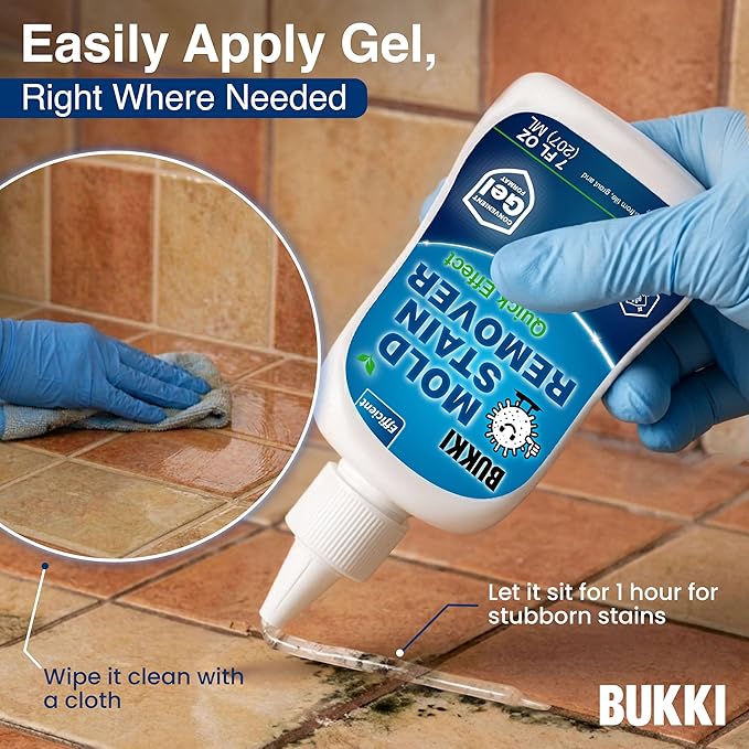 BUKKI Professional Mold Stain Remover Gel (7 FL OZ), Heavy Duty Thick Gel for Shower Grout, Washer Seals, Caulking, Bathrooms, Sinks, Concrete, Pool Tile, Patio, Siding, Marine RV, Surface Cleaner