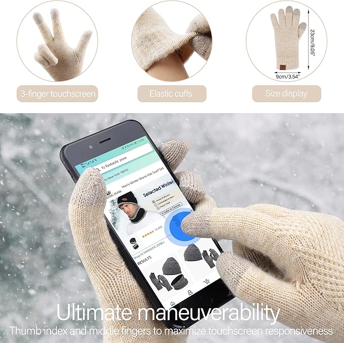 Womens Winter Warm Knit Beanie Hat Long Scarf Touchscreen Gloves Set with Fleece Lined Pom Skull Cap Gifts for Women