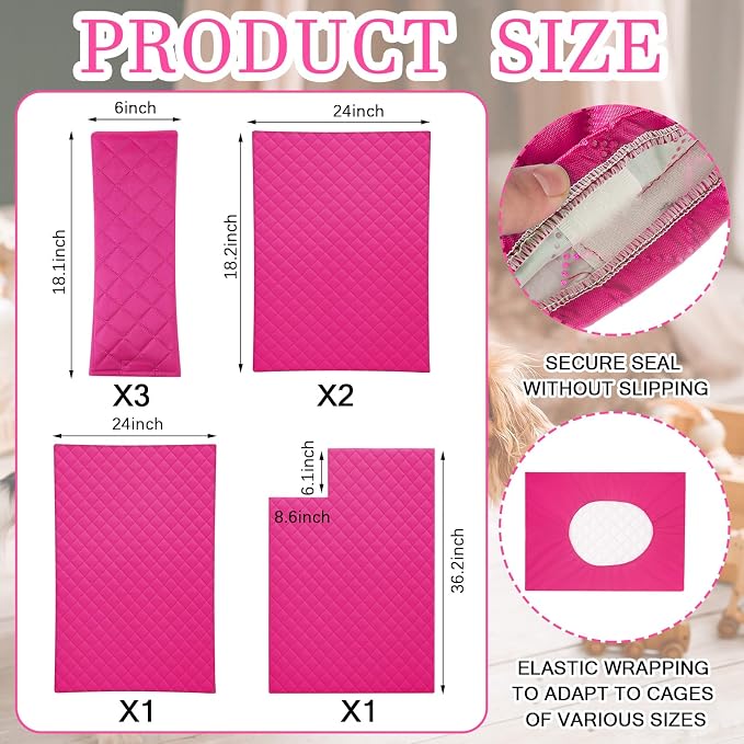 Beeveer 7 Pcs Winter Ferret Cage Liner Set Washable Ferret Pads Bedding Cage Accessories for Small Animals Hamster Rats Chinchillas Hedgehogs Guinea, Stain-Resistant Material(Light Pink)