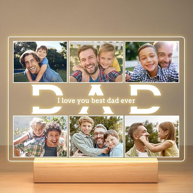 Personalized Birthday Gifts for Dad from Daughter Son, Custom Picture Frames with Photos, Customized Photo Frame with Night Light, Personalized Christmas Gifts for Dad Baby Kid Family