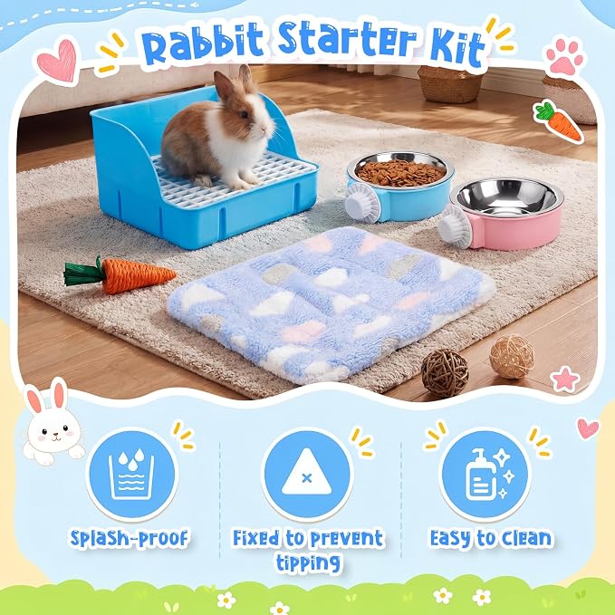 Reallnaive 15 Pcs Rabbit Starter Kit Small Rabbit Litter Box Girls Gift Animal Grooming Kit Bunny Toys Bowl Blankets with Cleaning Set for Guinea Pig Accessories(Bright Blue)