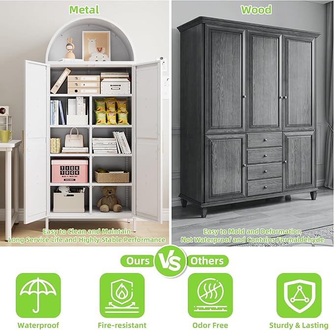 Metal Arched Kitchen Pantry Cabinet with 6 Adjustable Shelves, Farmhouse Arched Cabinet with 2 Doors for Kitchen,Bedroom,Living Room,White, Assemble Required,15.4" D x 30.7" W x 72.8" H