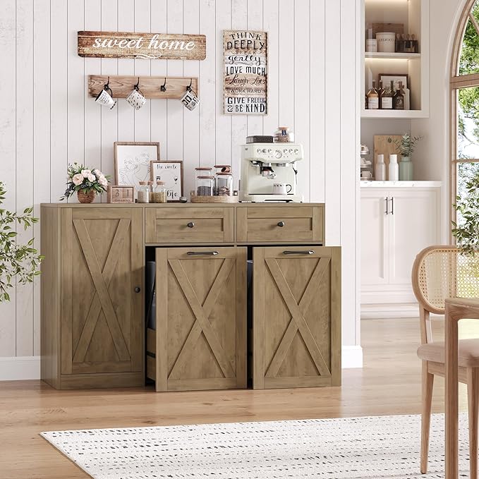 HOSTACK 12.5 Gallon Kitchen Trash Cabinet, 47" Double Trash Can Cabinet, Large Pull Out Can Storage Drawers, Wood Farmhouse Hidden Garbage Storage Buffet for Kitchen, Dining Room, Rustic Brown