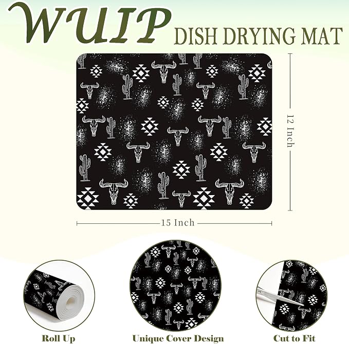 Black Western Dish Drying Mats for Kitchen Counter, Boho Western Cow Skull Aztec Cactus Absorbent Reversible Coffee Bar Mat Drying Pad for Kitchen Decor, 12x15 Inch
