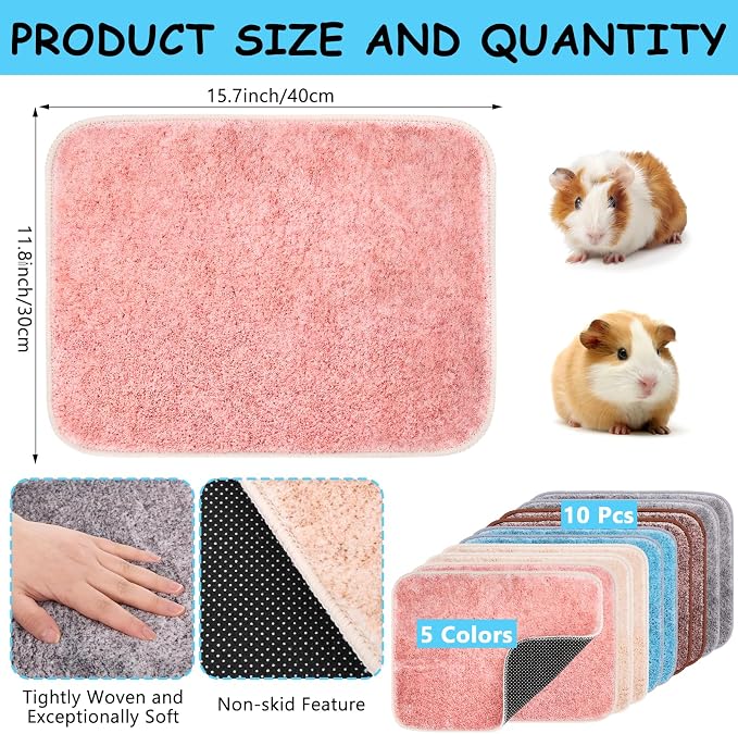 10 PCS Guinea Pig Liner Washable Rabbit Cage Liner 12x16 Inch Reusable Guinea Pig Bedding Mats for Small Animals Rabbit Hamster Chinchillas Rat Washable Bedding Pads in Gray Yellow Pink Brown and Blue