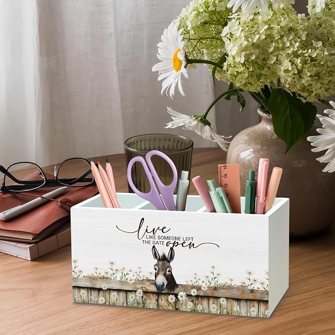 DILSJ Inspirational Donkey Pen Pencil Holder Organizer for Desk, Donkey Gifts for Women, Live Like Someone Left The Gate Open Wooden Box Signs for Home Office Desk Tabletop Decoration