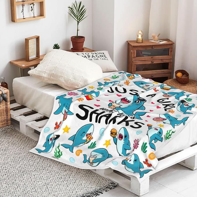 Shark Gifts Blanket for Women Girls Just A Girl Who Loves Sharks Blankets and Throws Stuff Shark Themed Gifts for Women Girls Kids Adults Animal Sharks Lovers Birthday Decorations Room Decor 60"X50"