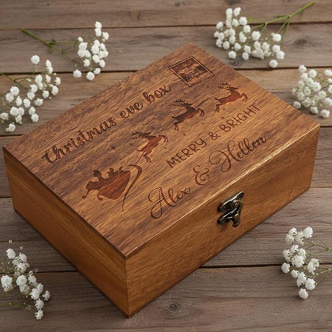 Personalized Funny Christmas Eve Wooden Box, Pine/Walnut Christmas Keepsake Box for Kids, Custom Decorative Boxes Christma Gifts，6 Designs with Santa Reindeer