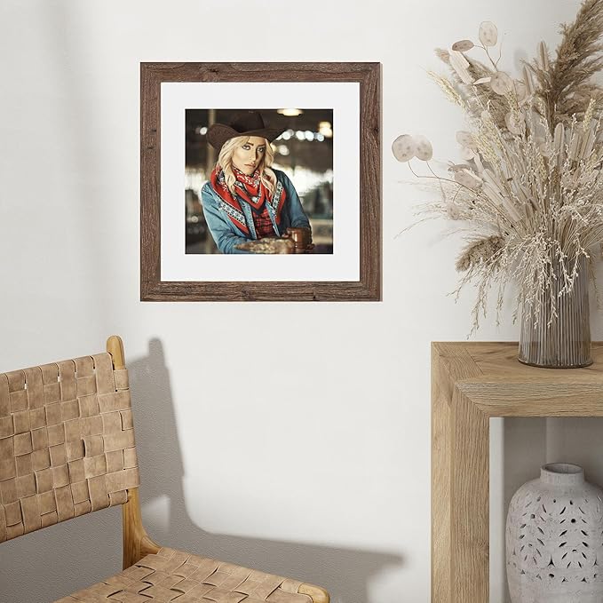 Fun Memories Walnut 16x16 Square Wooden Picture Frame - Tempered Glass, Wall Mountable, Display Pictures 12x12 with Mat or 16x16 Without Mat, 1 Pack