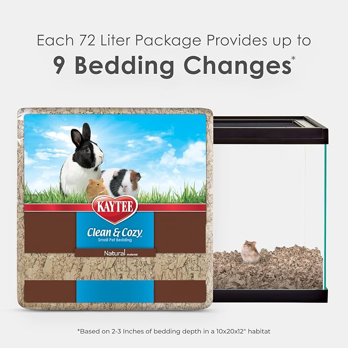 Kaytee Clean & Cozy Natural Paper Bedding, 72 Liter | Keeps habitats fresh. Small animal bedding for rabbits, guinea pigs, hamsters. Hamster bedding odor control, 99% dust-free