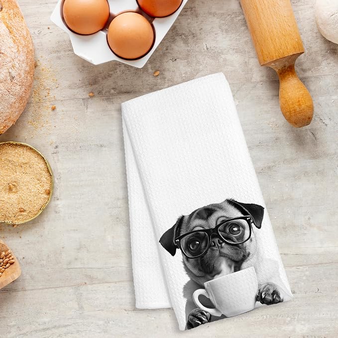 Funny Pug Decor Coffee Kitchen Towels Gift, Pug Dog Gifts, Coffee Gifts for Women, Dog Lover Gift Decorative Dish Hand Tea Towels for Kitchen Home Bar Decor, 16x24 Inch
