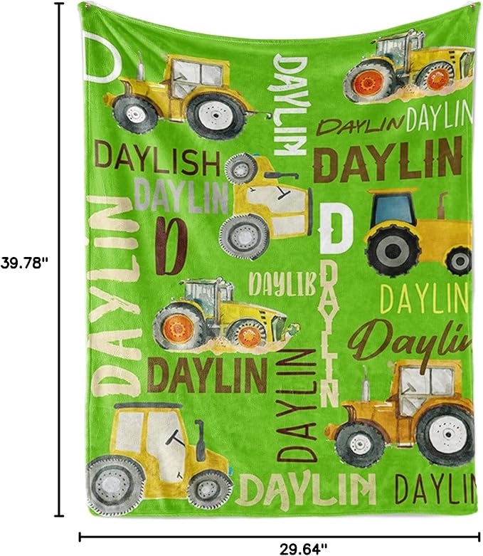Personalized Tractors Blanket - Custom Name with Farm Tractor Trucks Design - Soft Plush Flannel Bed Blanket for Baby Kid Teen Boys Girls Customized Gifts Bright Green