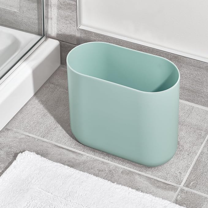 iDesign Cade Oval Slim Trash, Compact Basket Garbage Bathroom, Bedroom, Home Office, Dorm, College-Matte Soft Aqua, Waste Can