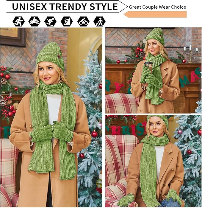 Womens Winter Knit Warm Hat Beanie Long Scarf Touch Screen Gloves Set Skull Caps Neck Scarves for Women