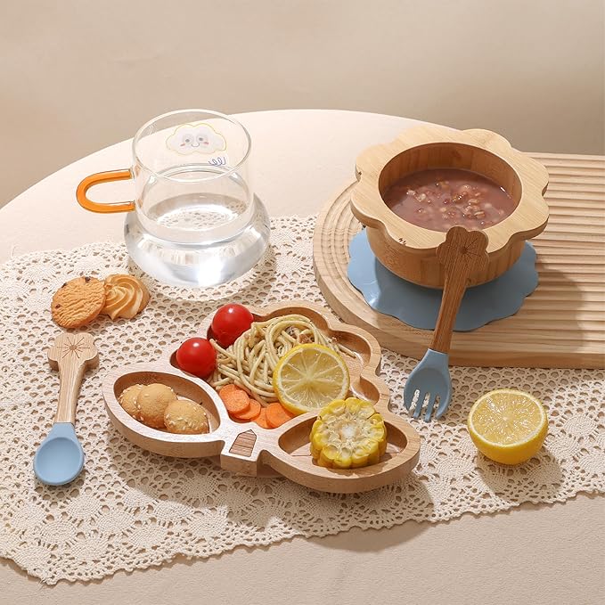 Bamboo Suction Plates Bowls Set for Baby Toddler - Includes Bamboo Bowl, Divided Plate, Silicone Fork & Spoon, All-Natural Baby Feeding Set for Baby-Led Weaning