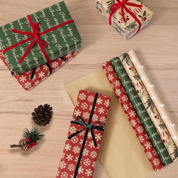 YANGTE Vintage Christmas Wrapping Paper - Brown Kraft Gift Wrap 4 Rolls, 17x120 Inch, Holiday Paper with Classic Red and Green Patterns for Xmas Gifts