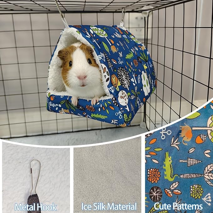 kathson 5 PCS Guinea Pig Hammock Set, Washable Rat Hammock, Guinea Pig Hideout Bed Soft Hamster Hanging Tunnel Mats Small Pets Cage Accessories for Chinchilla, Sugar Glider, Squirrel(Blue)