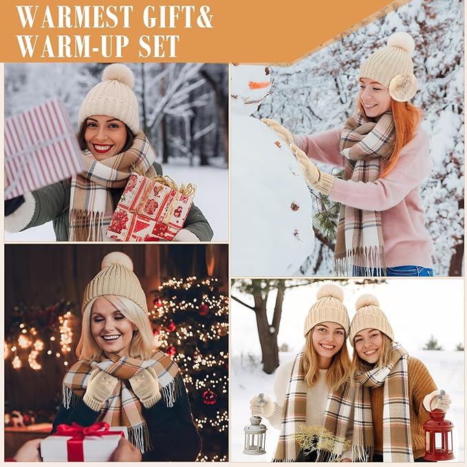 Geyoga 6 Pcs Winter Hat Scarf Gloves Set Knitted Touchscreen Gloves Plaid Scarf Earmuffs Socks Gift for Women Men