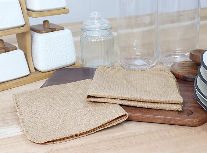 PurpleEssences Dish Cloths and Dish Rags - 6 Pack Waffle Weave Solid Kitchen Dish Wash Cloths, 100% Cotton, 12 x 12 Inches, Ultra Soft Absorbent Quick Drying - Christmas Holiday Winter - Beige