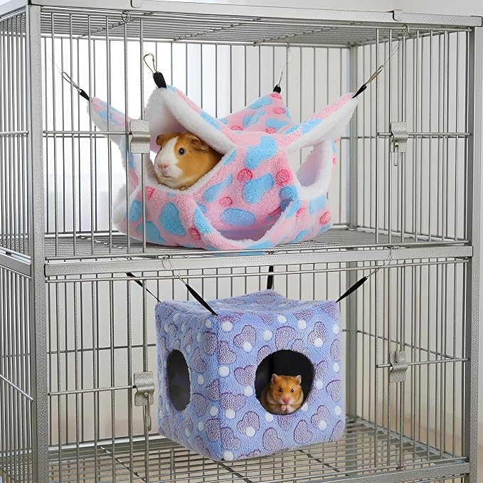 AceOrbit 6 Pcs Rat Hammock Cube Hideout Triple Layer Ferret,Spotted Heart | Cage Accessories for Guinea Pig Chinchilla Sugar Glider Hamster, Soft Ferret Bed Hideout with Hooks, Cozy Sleeping Nesting