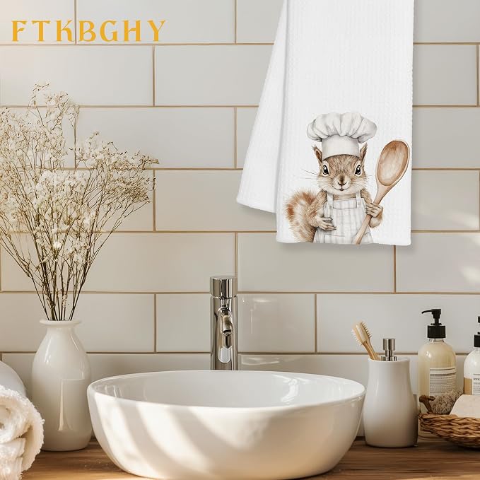 Funny Squirrel Chef Kitchen Towels, Squirrel Lover Gifts for Women Men, Chef Gifts, Funny Forest Animal Decorative Dish Hand Tea Towels for Kitchen Bakery, 16x24 Inch