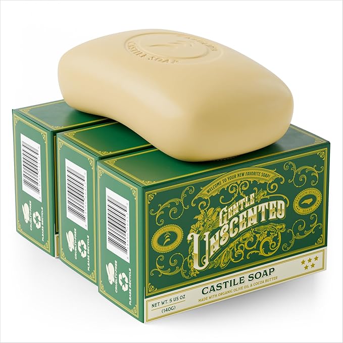 Carolina Castile Soap Vegan Unscented Castile Bar Soap – 3 Bars of Natural Soap for Men, Women, and Kids – Gentle, Hydrating Castile Soap Bars with Organic Cocoa Butter and Olive Oil, 5 Oz. Each