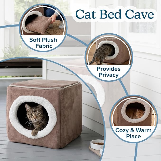 Cat House - Indoor Bed with Removable Foam Cushion - Cat Cave for Puppies, Rabbits, Guinea Pigs, and Other Small Animals by PETMAKER (Light Brown)