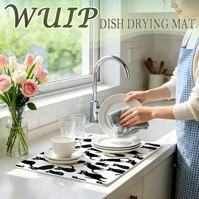 Black Cat Dish Drying Mats for Kitchen Counter, Cat Lover Gifts, Funny Black Cats Absorbent Reversible Coffee Bar Mat Drying Pad for Kitchen Decor, 12x15 Inch