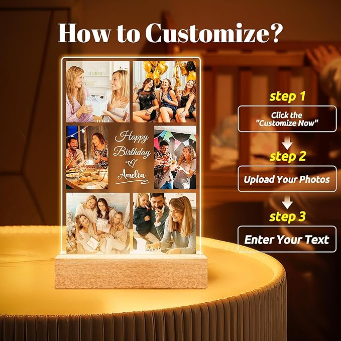 Custom Picture Frames with Photo, Personalized Picture Frame with Night Light, Custom Photo Frame, Customized Best Friend Photo Gifts, Personalized Christmas Birthday Gifts for Women Friends Her Him