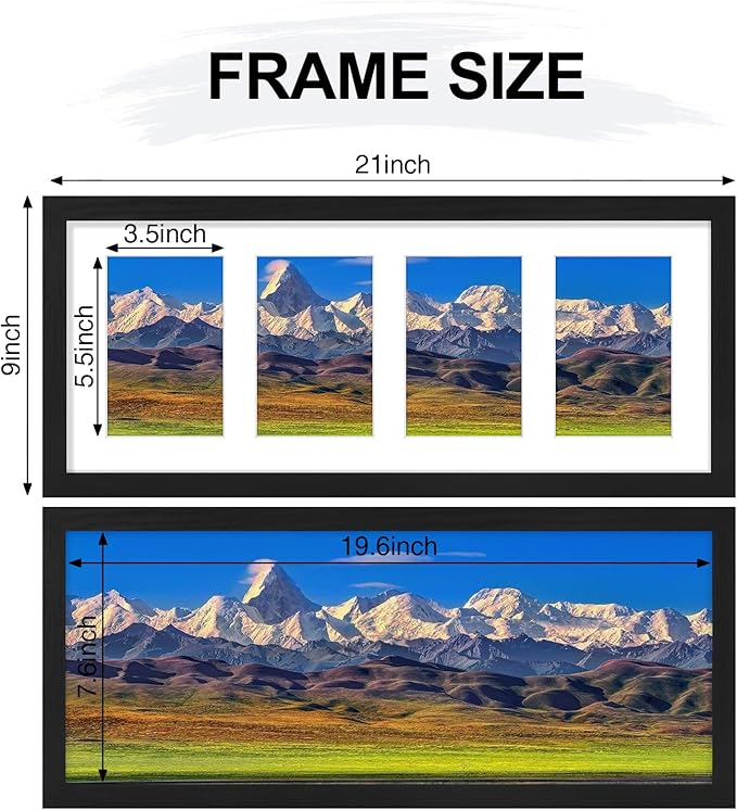 Vittanly 8x20 Collage Picture Frame, Displays 4Pcs 4x6 Pictures with Mat or 1Pcs 8x20 without Mat, Picture Frames Collage Wall Decor for Horizontal or Vertical Display, Black, 1 Pack