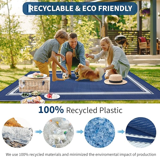 Outdoor Rug 9x18 Waterproof Reversible Mat All Weather Outdoor Plastic Straw Rus Carpet UV Resistant Modern Bordered RV Mat Carpet for Patio Deck Balcony Pool Picnic Blue/White