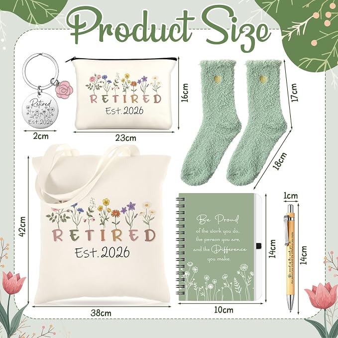 Talltalk 6 Pcs Retirement Gifts for Women 2026 Retired Gifts Set, Socks Canvas Bag Makeup Bag Spiral Notebook Ballpoint Pen and Stainless Steel Keychain for Coworker Mom Christmas Thanksgiving