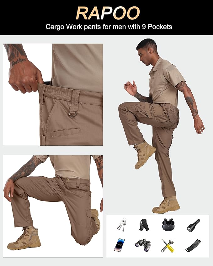 Rapoo Ripstop Water Resistant Cargo Tactical Pants for Men EDC Hiking Work Military Army Pants with 9 Pockets