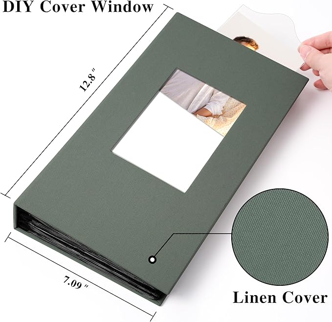 Photo Album Holds 300 Pockets with Linen Cover and Customizable Window, Fits 4x6 Photos, Archival Black Pages, Gray Green