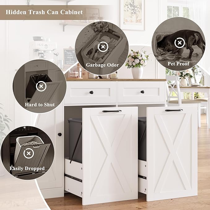 HOSTACK 12.5 Gallon Kitchen Trash Cabinet, 47" Double Trash Can Cabinet, Large Pull Out Can Storage Drawers, Wood Farmhouse Hidden Garbage Storage Buffet for Kitchen, Dining Room, White