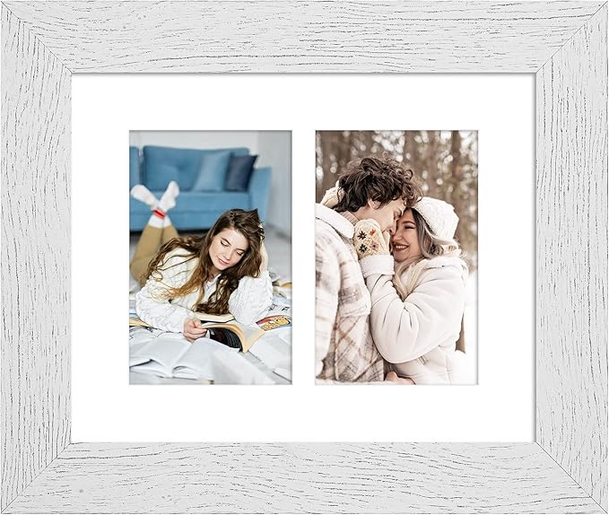 8x10 Picture Frame Display Double 4X6 Picture Frame Collage,Multi Photo Frame with Mat,Plexiglass,Wall or Tabletop Decor,Distressed White Wood Grain