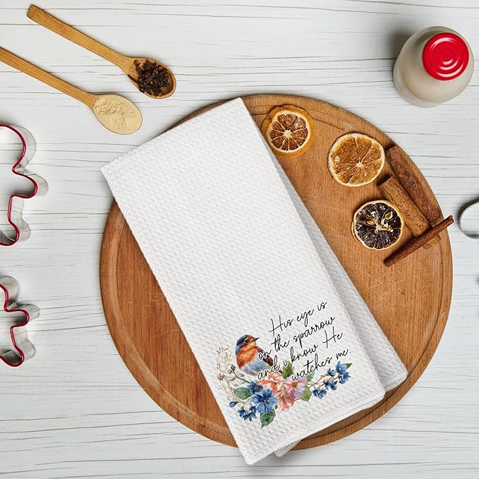 His Eye is On The Sparrow Bird Kitchen Towels,Christian Bird Decor, Religious Scripture Decorative Bathroom Hand Towel, Christian Gifts for Women, Bible Verse Decor Dish Towels for Kitchen