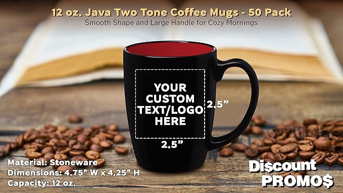 DISCOUNT PROMOS 50 Java Two Tone Coffee Mugs Set, 12 oz. - Customizable Text, Logo - Stoneware, Durable, Easy Grip - BLACKRED