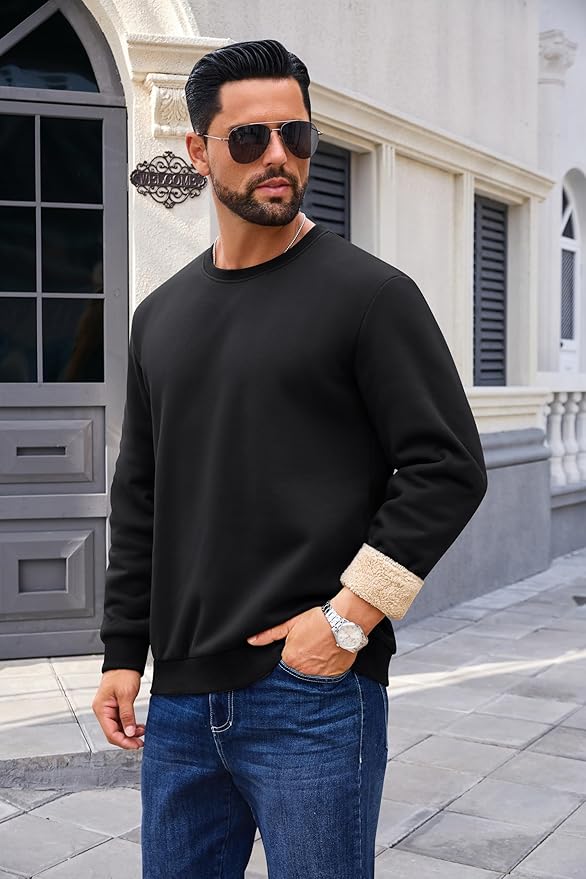 Boladeci Men's Full Sherpa Lined Crewneck Sweatshirts Heavy-weight Fleece Pullover Thick Thermal Long Sleeve Cotton