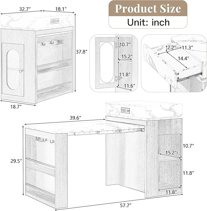 Amposei Kitchen Island with Extendable Dining Table & Power Outlet, 58’’ Breakfast Bar Coffee Station Sideboard Glass Door Storage Cabinet with Drawers, Natural & Creamy White