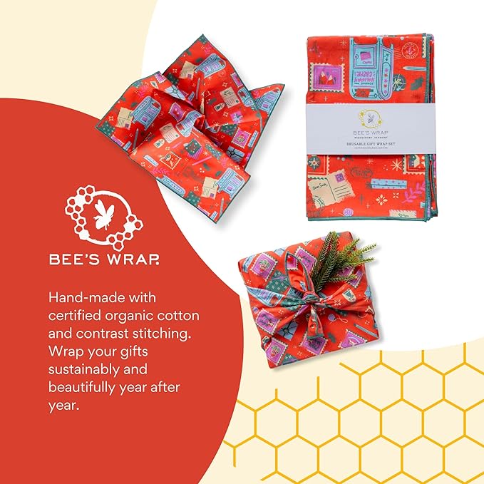 Bee's Wrap Furoshiki Reusable Cotton Fabric Wrapping Paper - Seasons Greetings Pack of 4 Gift Wraps - Gift Wrapping Supplies - Eco Friendly Alternative to Bags and Paper Rolls