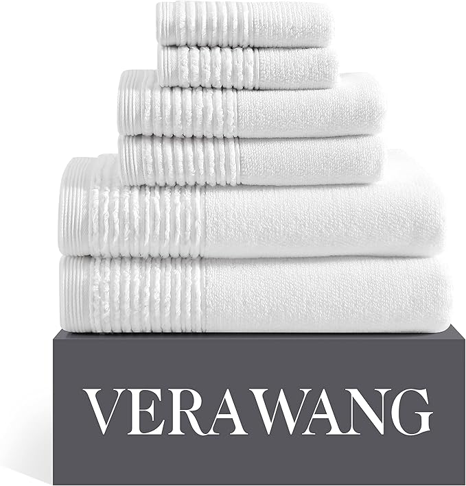 Vera Wang - Bath Towels, Super Soft 100% Cotton Towel Set, Highly Absorbent with a Medium-Weight Plush Feel, Low Linting & Fade Resistant Bathroom Towels (Sculpted Pleat White, 6 Piece)