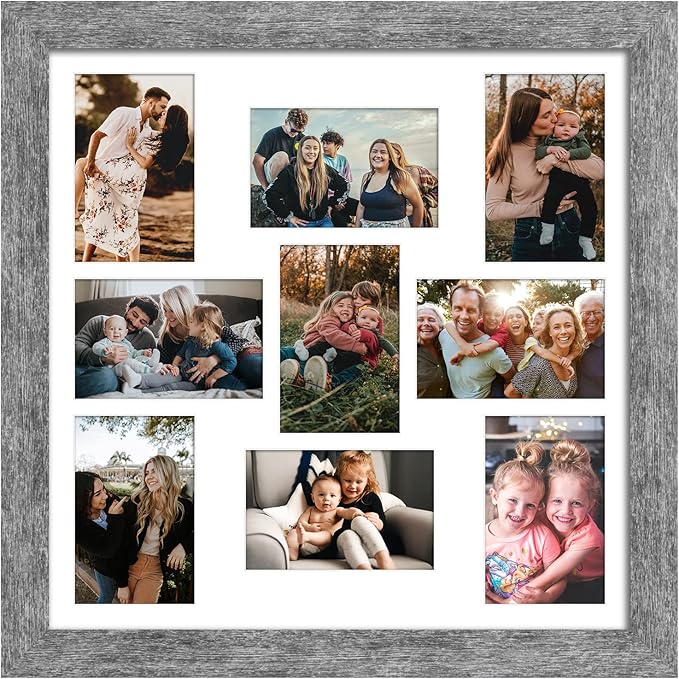 17x17 Picture Frame Display 9 opening 4X6 Picture Frame Collage,Multi Photo Frame with Mat,Plexiglass,Wall Mount Decor,Grey Wood Grain