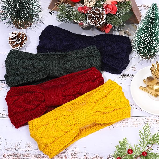 Whaline 4 Pack Twisted Knit Headband Winter Knotted Head Wrap Fuzzy Lined Headband Thick Crochet Turban Ear Warmer Elastic Hair Band Accessories for Women (Yellow, Green, Navy Blue, Red)
